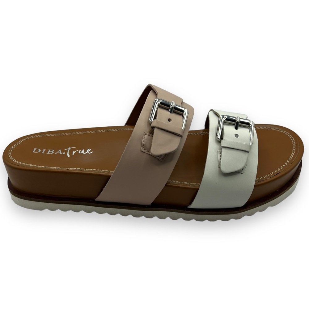 Diba True Carol Bee Buckle Leather Slide Sandals Pink White Size 8.5